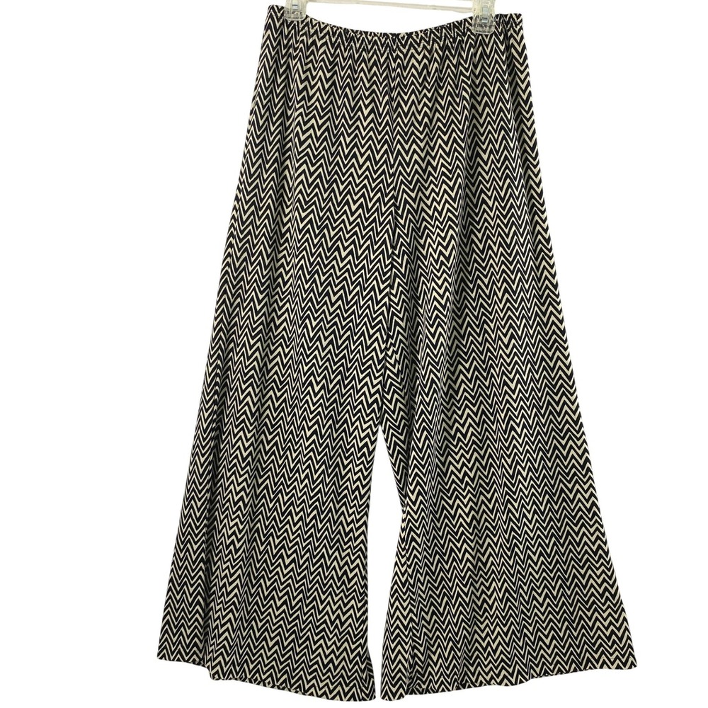 New Directions Palazzo Pants Womens L Black‎ Cream Chevron Wide Leg Flowy Boho